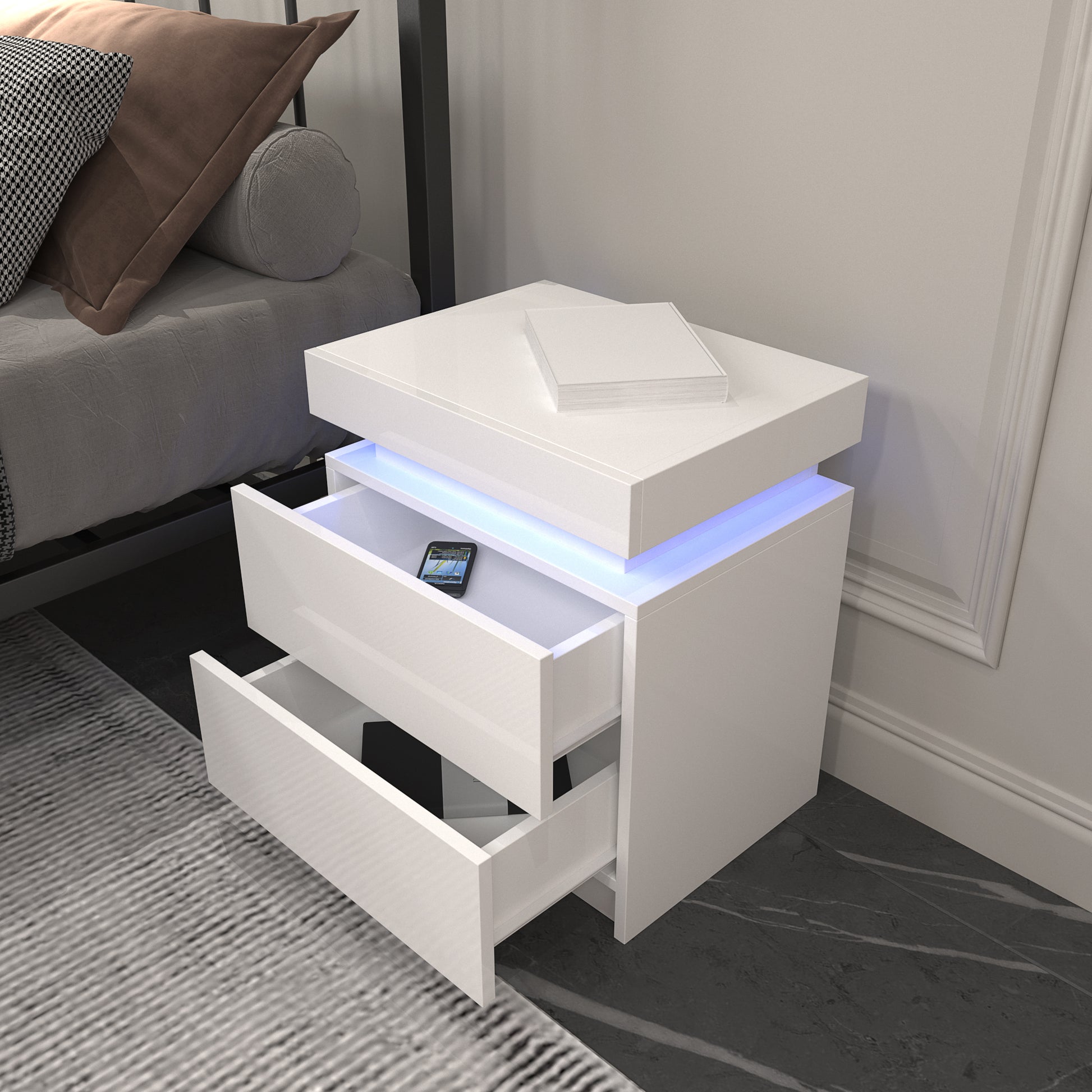 Modern white Nightstand With 2 Storage Drawers,Led Lights, End Table For Bedroom Furniture eprolo