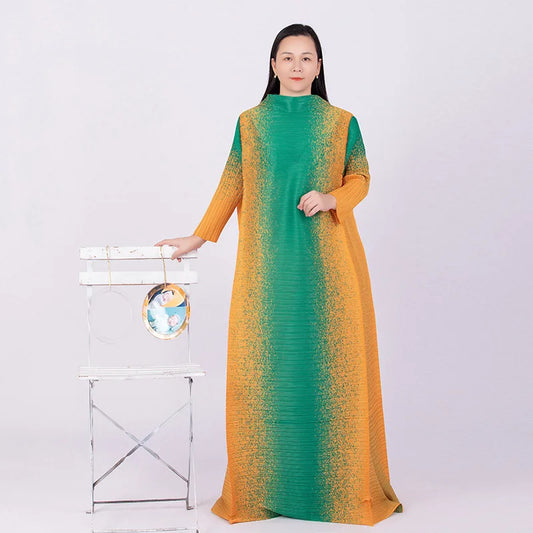 Spring Multicolor Printing Round Neck Long Sleeve Loose Plus Size Luxury Evening Dresses eprolo