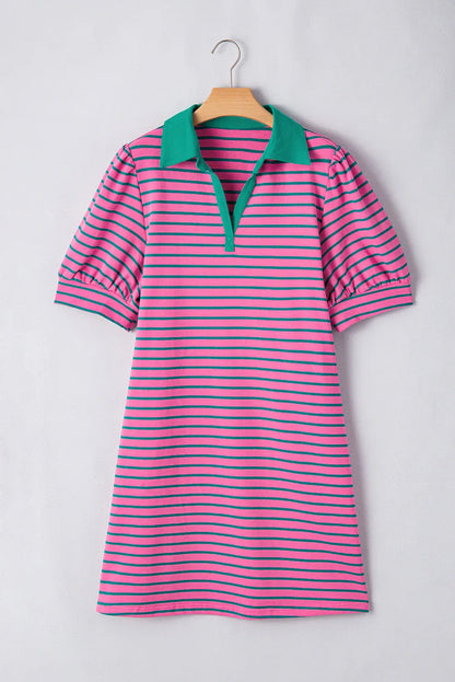 Rose Stripe Collared Puff Sleeve Dress - Playful, Chic, and Perfect for Any Occasion! - Shello's Creative Boutique