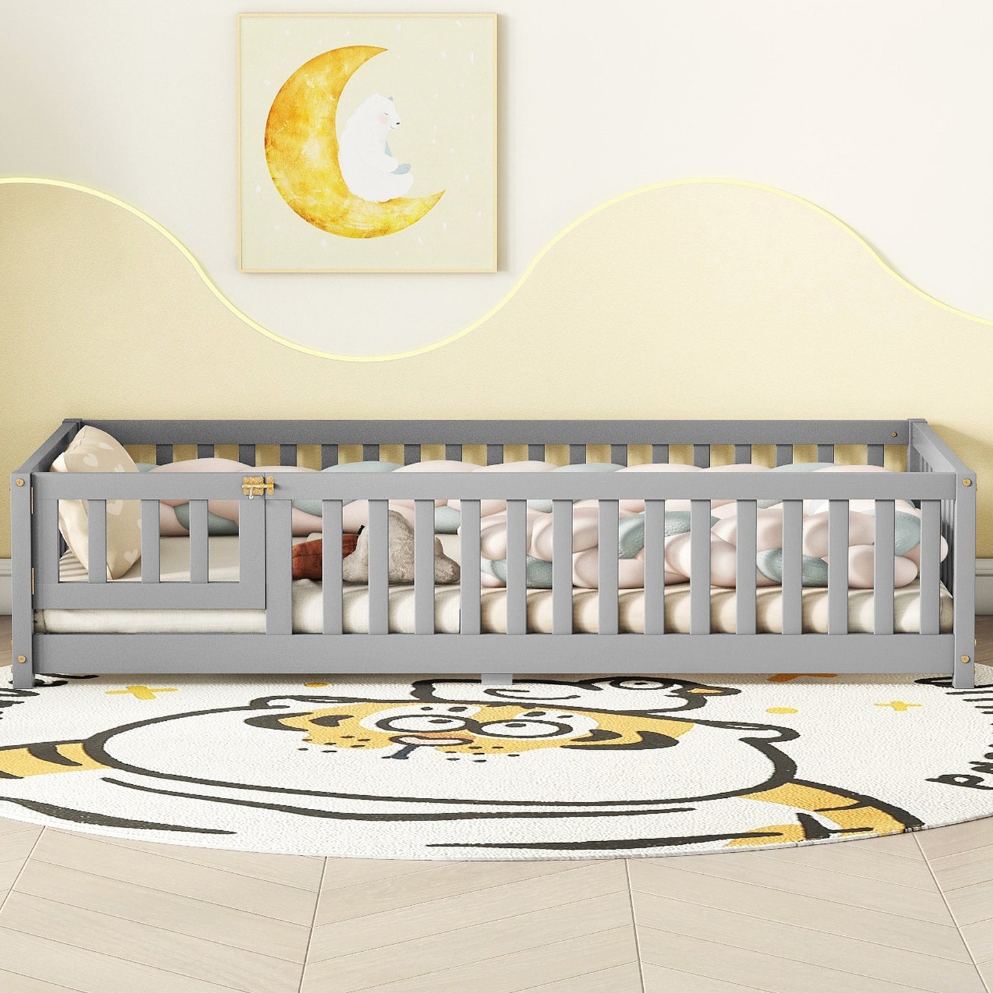 Twin Size Bed Floor Bed with Safety Guardrails and Door for Kids, Gray eprolo