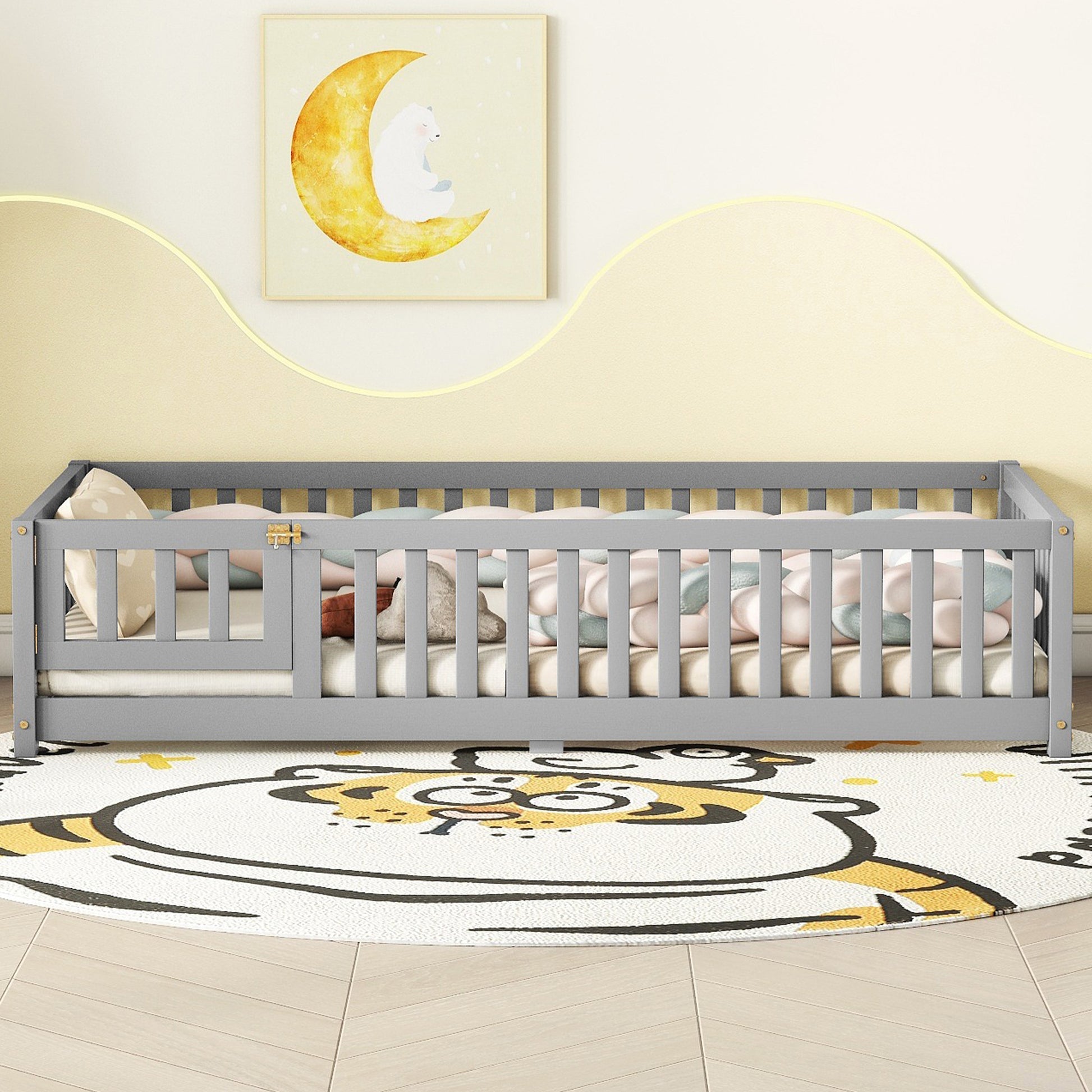 Twin Size Bed Floor Bed with Safety Guardrails and Door for Kids, Gray eprolo