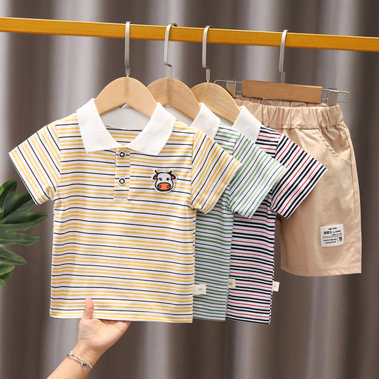 Boys Summer Short Sleeve Set 1-5 year old baby striped short sleeved 2 piece jean shorts set for primary and middle school children eprolo