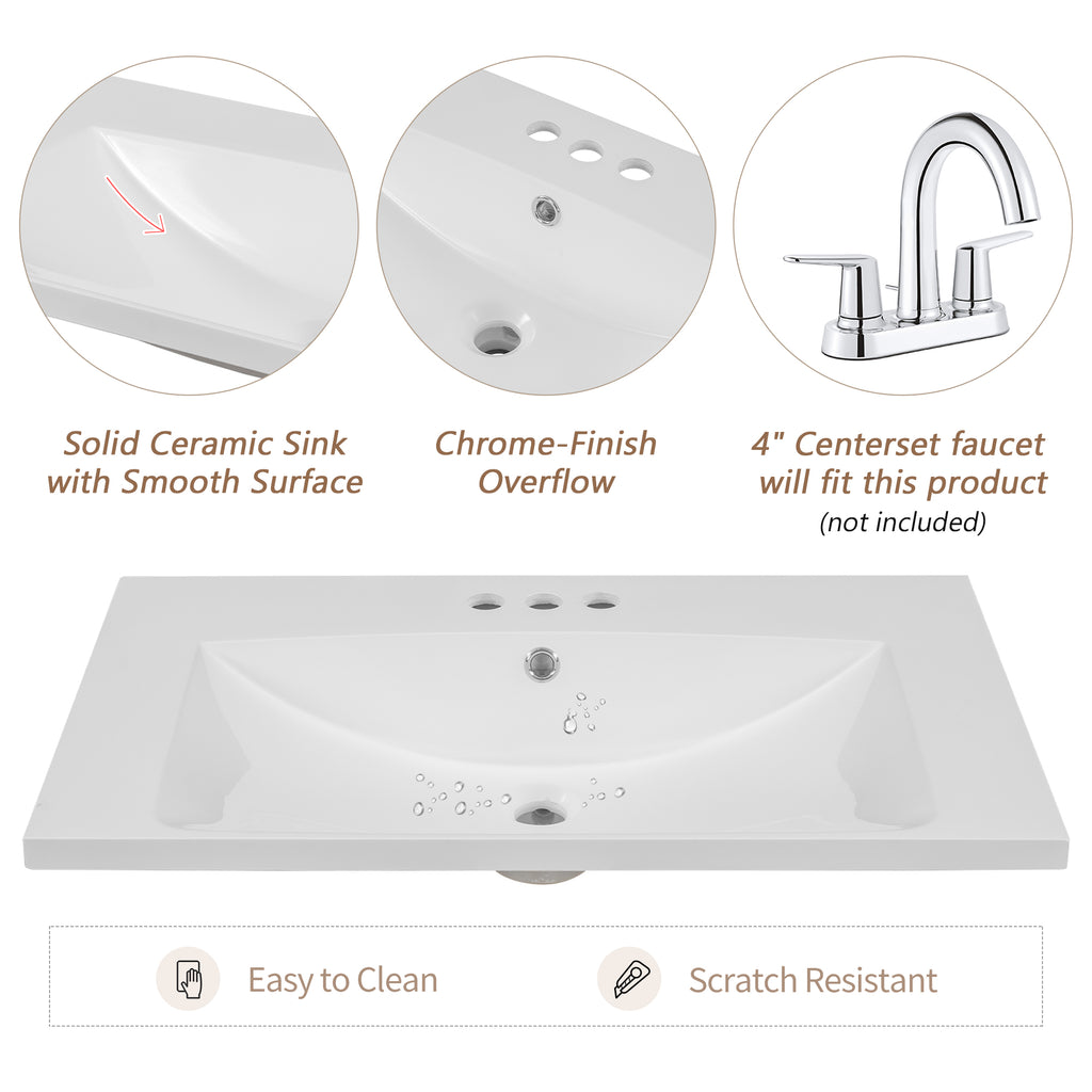 30" Single Bathroom Vanity Top with White Basin, 3-Faucet Holes, Ceramic, White eprolo