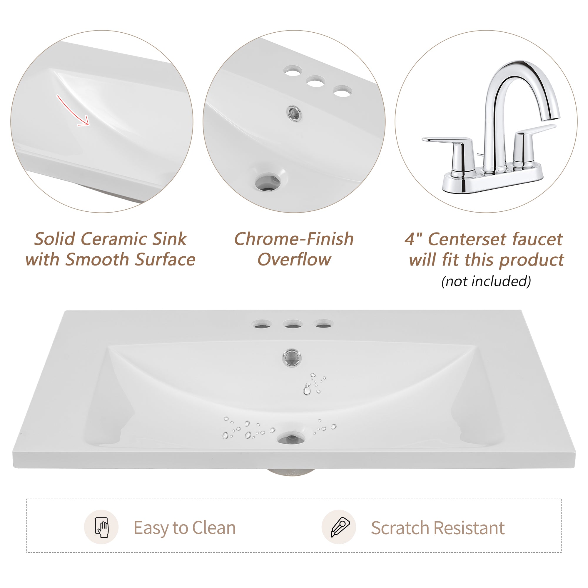 30" Single Bathroom Vanity Top with White Basin, 3-Faucet Holes, Ceramic, White eprolo