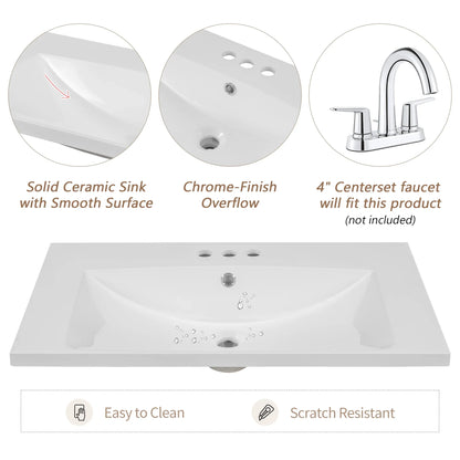 30" Single Bathroom Vanity Top with White Basin, 3-Faucet Holes, Ceramic, White - Shello's Creative Boutique