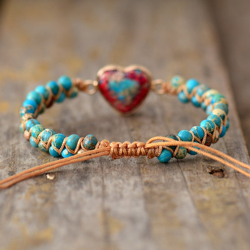 Natural Stone Heart Charm Bracelets String Braided Macrame Bracelets Jaspers Friendship Wrap Bracelet Femme Women Jewelry eprolo