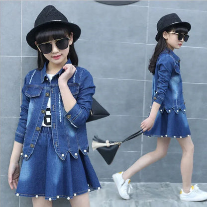 Children Clothing Set Boutique Outfits Long Sleeve Denim Jacket Beaded Denim Skirt Two Piece Teenage Girls Clothes 10 12 Years - Shello's Creative Boutique