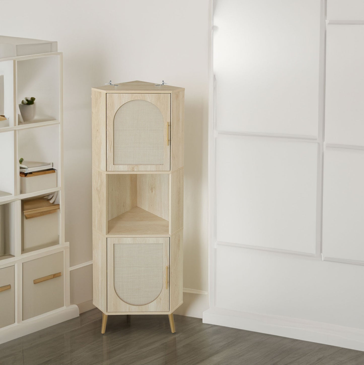 Corner cabinet ,Rattan door,Freestanding Corner Tables For Small Spaces, Corner Shelf Stand For Living Room, Kitchen, Bathroom eprolo