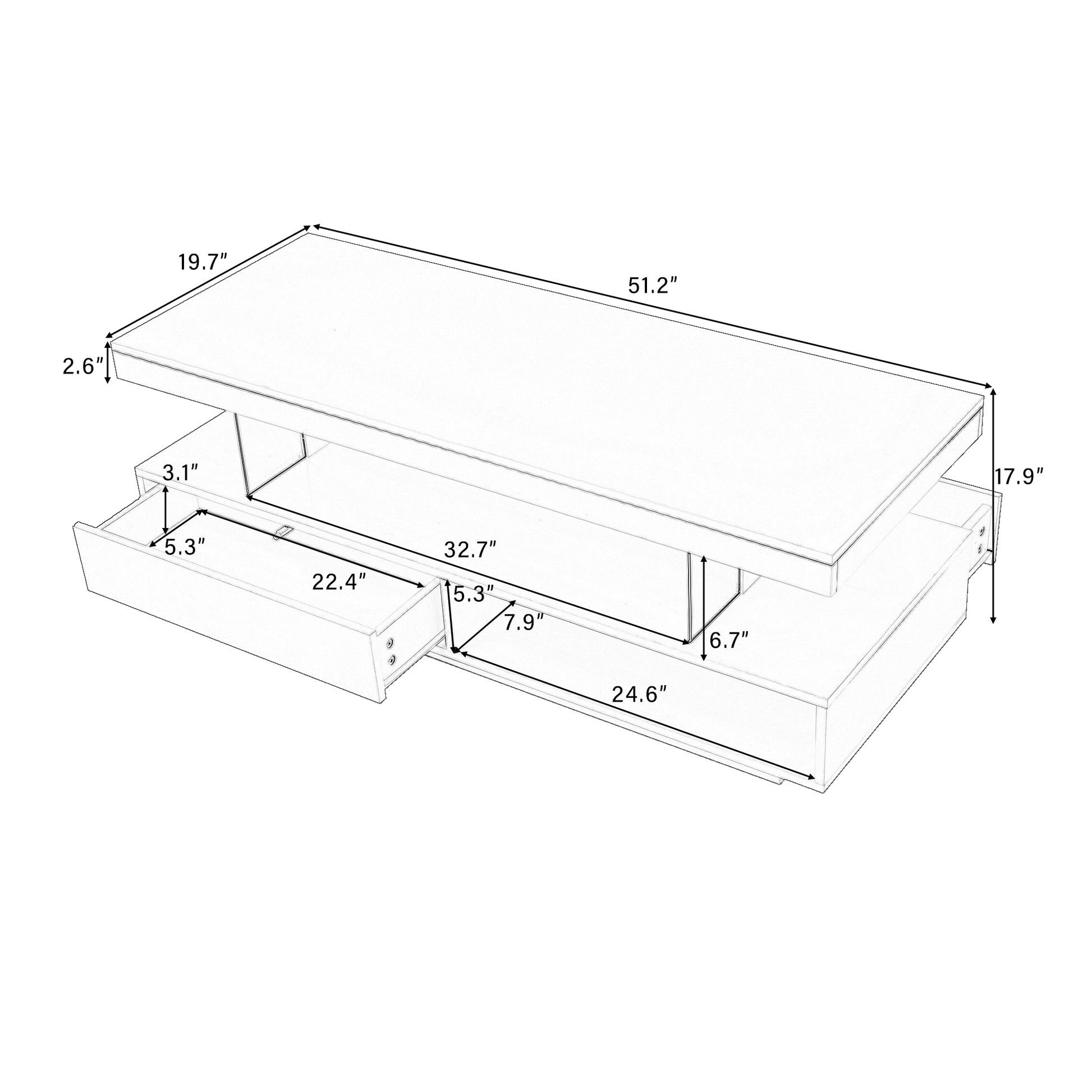 U-Can LED coffee table with storage space, modern central table with 2 drawers and display rack, equipped with LED lights, black eprolo