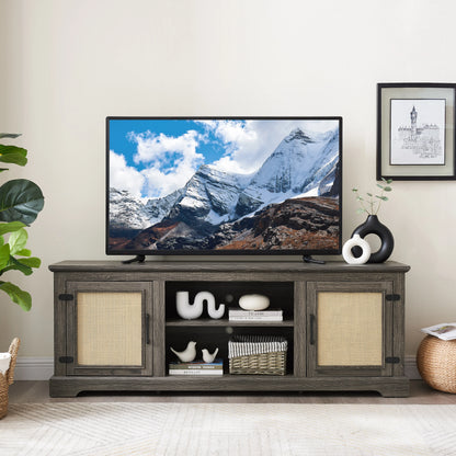 Vine TV stand console table, suitable for TVs under 70 inches, equipped with 2 storage shelves and 2 natural rattan doors, gray - Shello's Creative Boutique