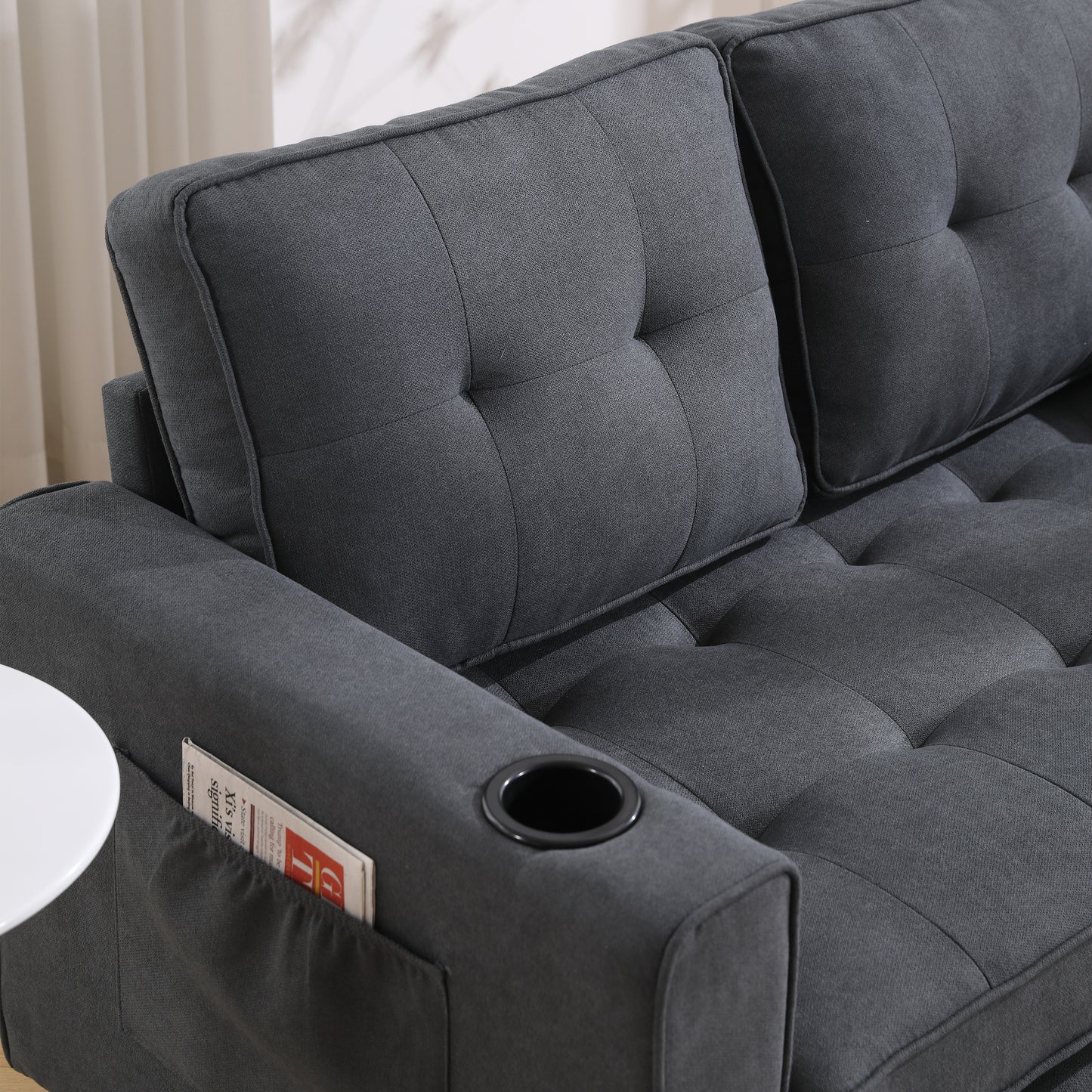 Three in one soft cushion cushion cushion sofa, folding mattress sofa bed, with side pockets and cup holder, dark gray eprolo