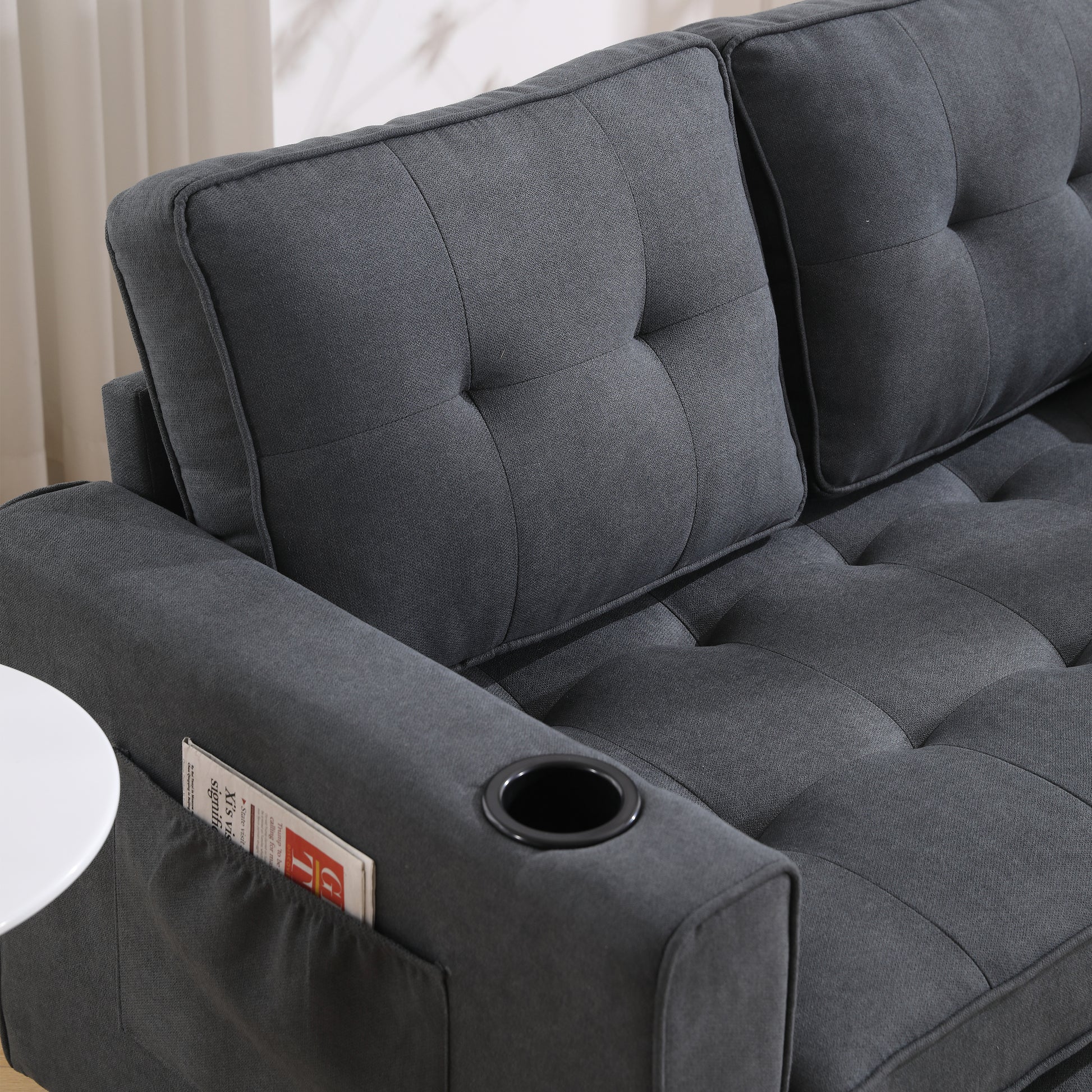 Three in one soft cushion cushion cushion sofa, folding mattress sofa bed, with side pockets and cup holder, dark gray eprolo