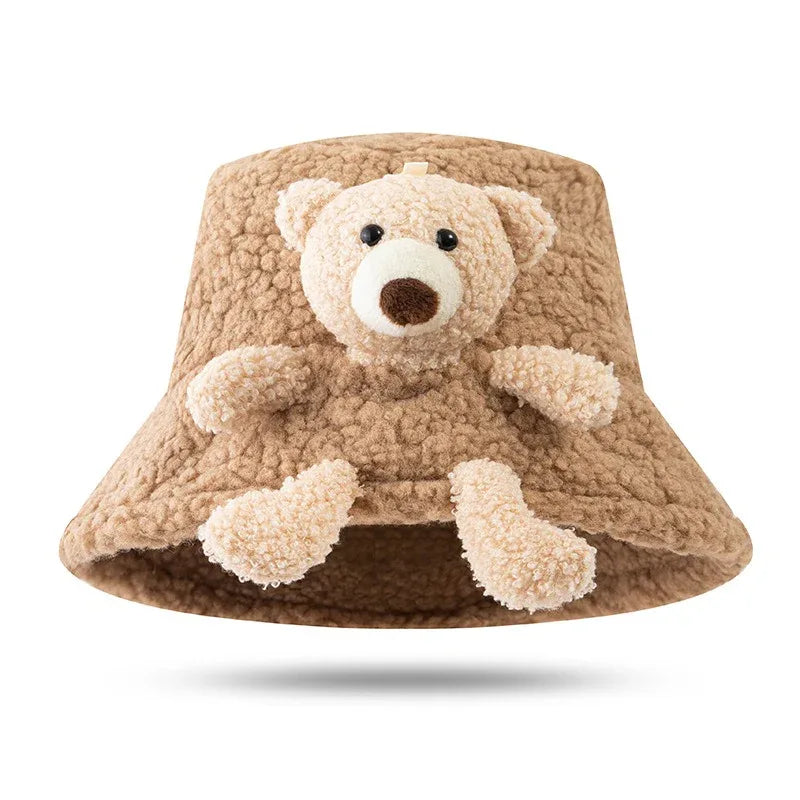 Winter Warm Bucket Hat 3D Stuffed Teddy Bear Wide Brim Autumn Plush Fisherman Hat for Adults Children Cute Bear Basin Hat - Shello's Creative Boutique