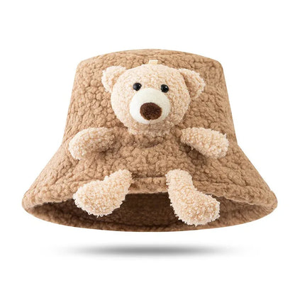 Winter Warm Bucket Hat 3D Stuffed Teddy Bear Wide Brim Autumn Plush Fisherman Hat for Adults Children Cute Bear Basin Hat - Shello's Creative Boutique