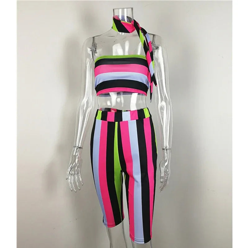 Striped Sexy Two Piece Set Top and Pants (including Headscarf ) Beach 2 Piece Summer Short Set - Shello's Creative Boutique