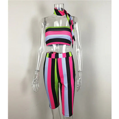 Striped Sexy Two Piece Set Top and Pants (including Headscarf ) Beach 2 Piece Summer Short Set - Shello's Creative Boutique
