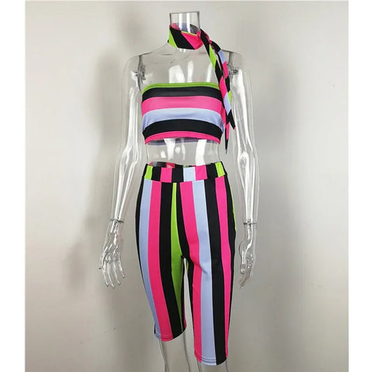 Striped Sexy Two Piece Set Top and Pants (including Headscarf ) Beach 2 Piece Summer Short Set - Shello's Creative Boutique