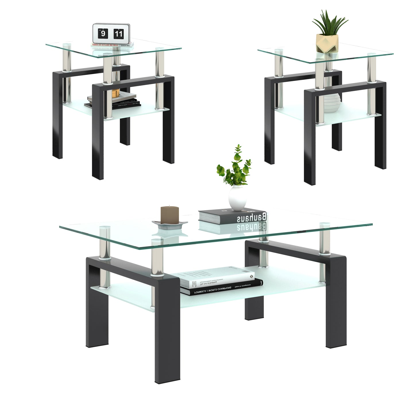 Set of 2, Modern Tempered Glass Tea Table Coffee Table End Table, Square Table for Living Room, Transparent/Black eprolo