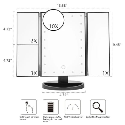 LED Touch Screen 22 Light Makeup Mirror Table Desktop Makeup Vanity 3 Folding Adjustable Mirror - Shello's Creative Boutique