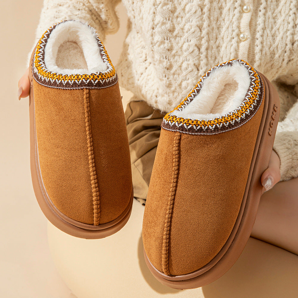 New solid color imitation suede stitching home slippers thick bottom non-slip lightweight warm cotton slippers for women eprolo