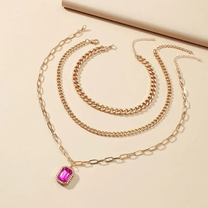 Diamond inlaid multi-layer necklace minimalist square pendant three piece set - Shello's Creative Boutique