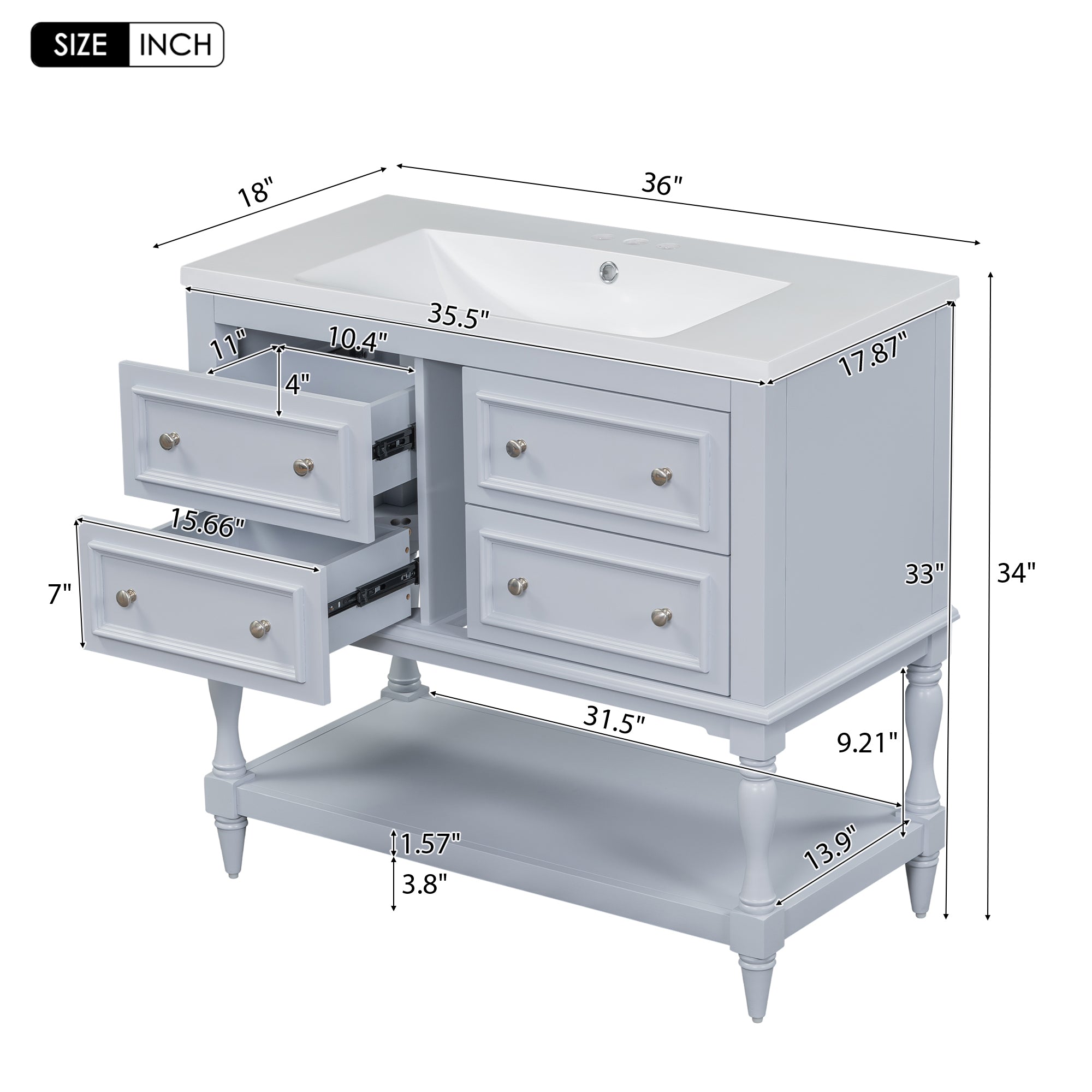 36'' Bathroom Vanity with Medicine Cabinet, Modern Mirror Cabinet with Adjustable Shelf, Bathroom Storage Cabinet with 4 Drawers eprolo