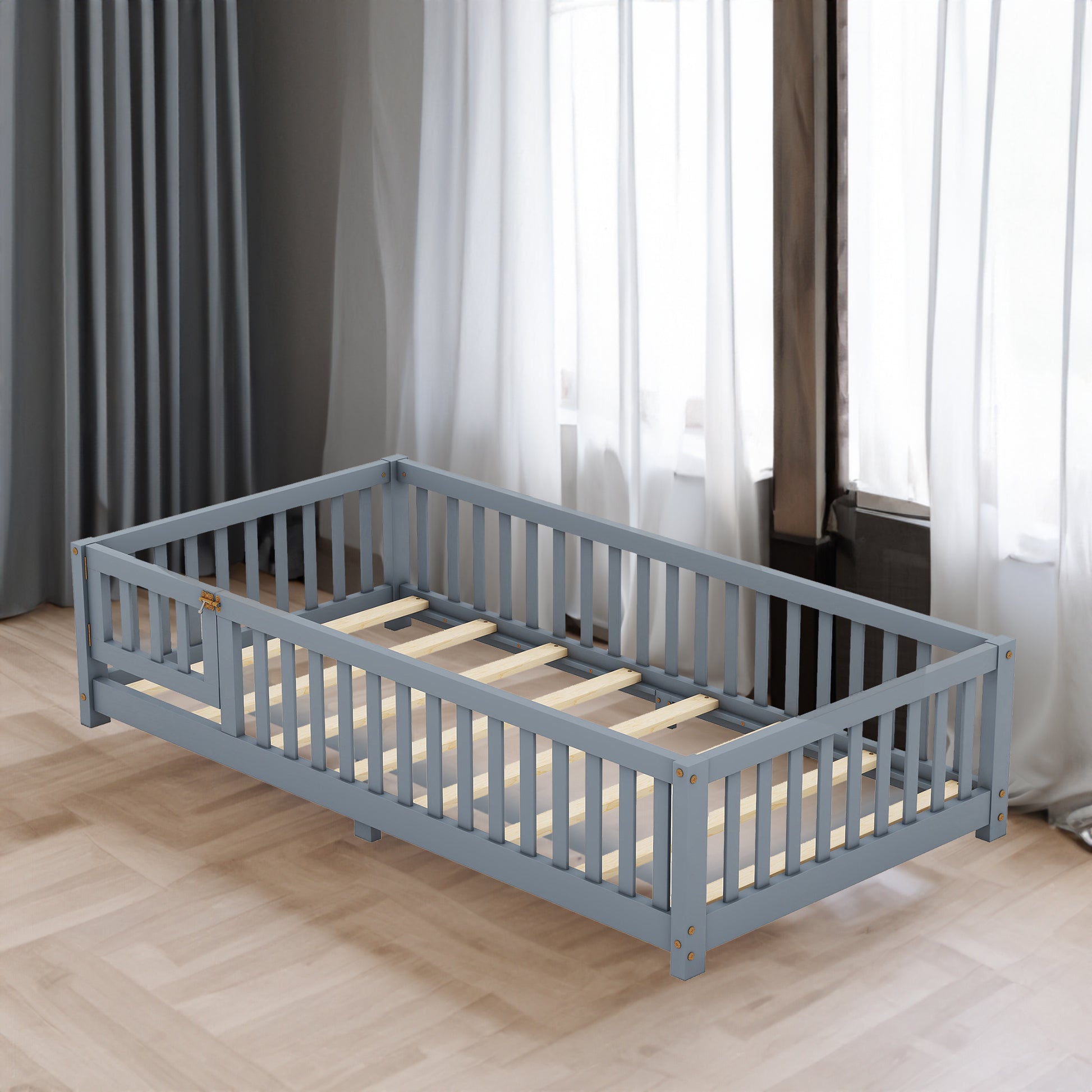 Twin Size Bed Floor Bed with Safety Guardrails and Door for Kids, Gray eprolo