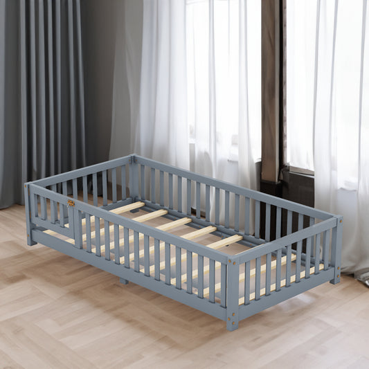 Twin Size Bed Floor Bed with Safety Guardrails and Door for Kids, Gray eprolo