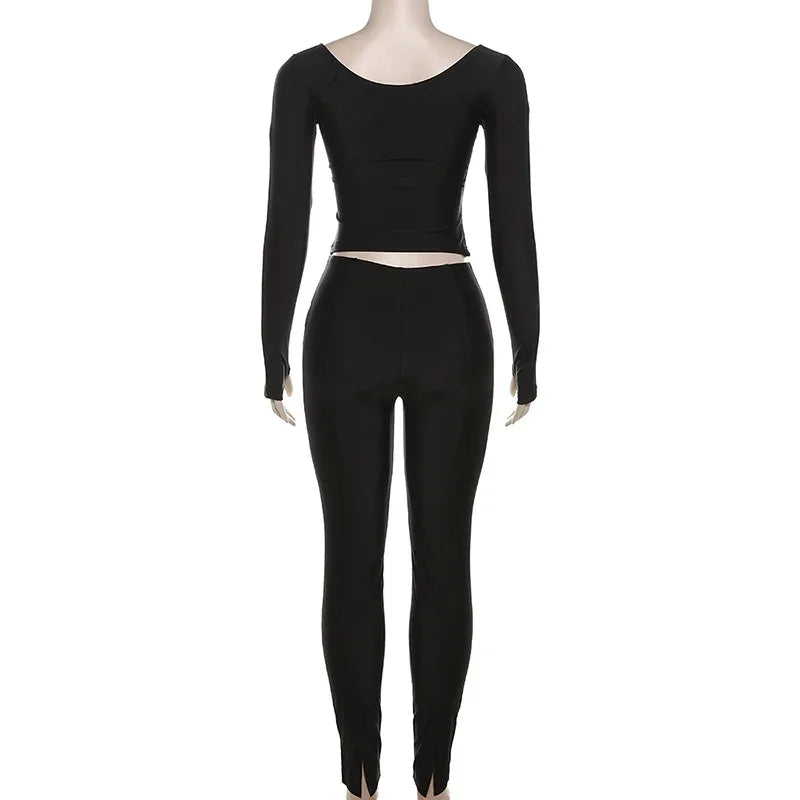 Autumn Solid Casual Two Piece Set Women Sexy Wrapped V Neck Off Shoulder Gloves Long Sleeve Crop Top Slim Split Pants Suits - Shello's Creative Boutique