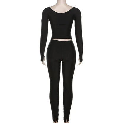 Autumn Solid Casual Two Piece Set Women Sexy Wrapped V Neck Off Shoulder Gloves Long Sleeve Crop Top Slim Split Pants Suits - Shello's Creative Boutique