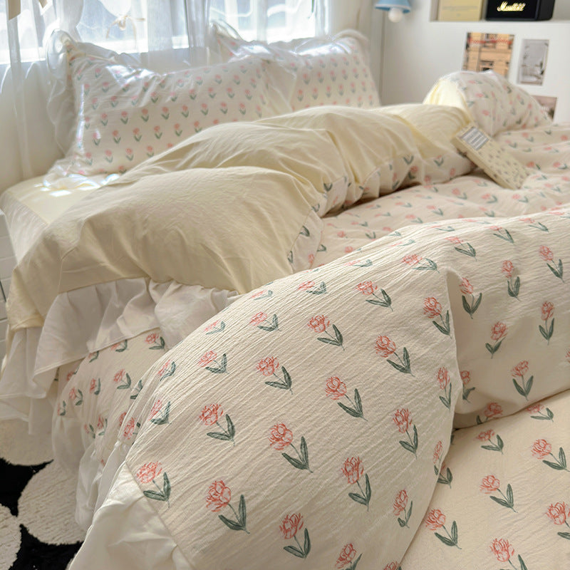 Skin friendly French romantic lace washed cotton printed bed bedding skirt four piece set of bed sheets bedsheet eprolo