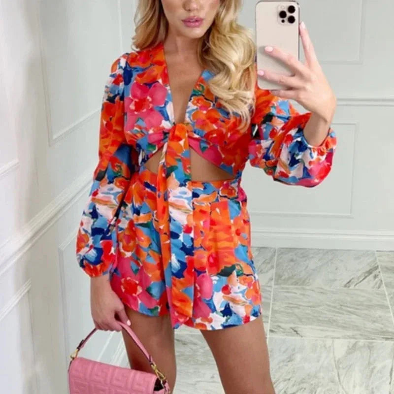 Red Print 3-Piece Set - Long Sleeve Blouse & Mini Shorts Y2K - Shello's Creative Boutique
