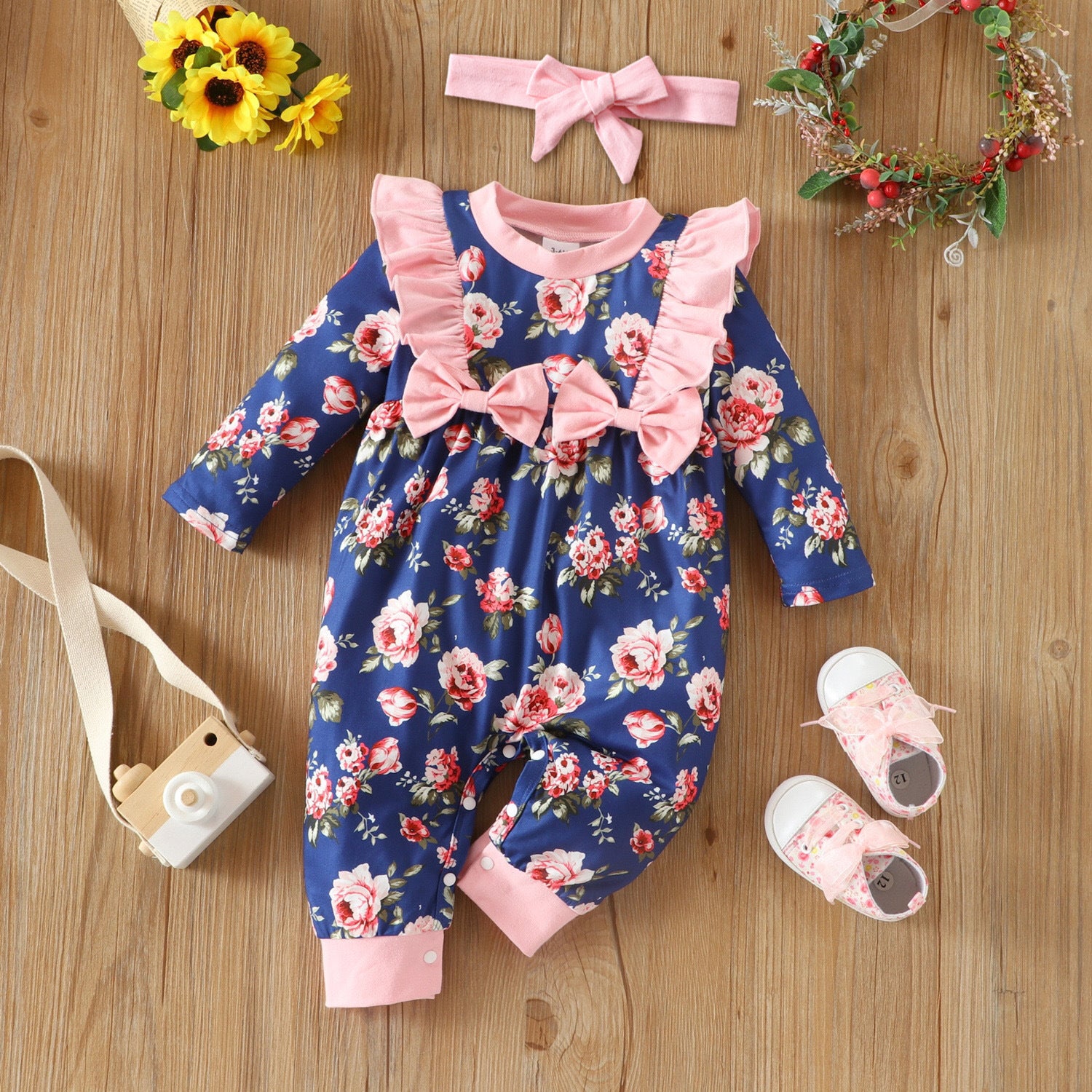 Infant Children's Long-Sleeved Lace Bow Flower One-Piece Romper Girl Baby Autumn And Winter Romper eprolo