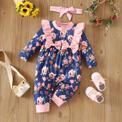 Infant Children's Long-Sleeved Lace Bow Flower One-Piece Romper Girl Baby Autumn And Winter Romper - Shello's Creative Boutique