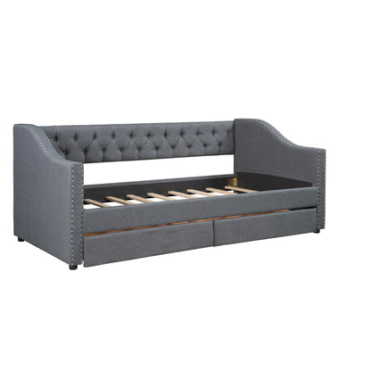 Upholstered Twin Size daybed with Two Drawers Wood Slat Support Gray - Shello's Creative Boutique