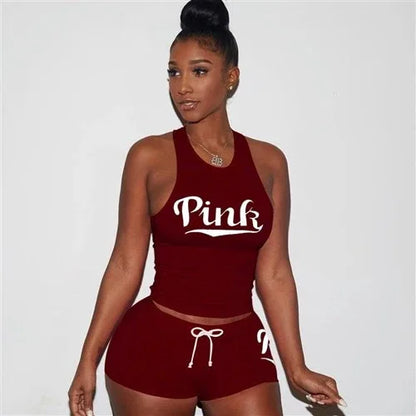 Letters Print Tank Top Shorts Two Piece Set Round Neck Sexy Sleeveless Women Outfits Summer Sporting 2 Piece Set - Shello's Creative Boutique