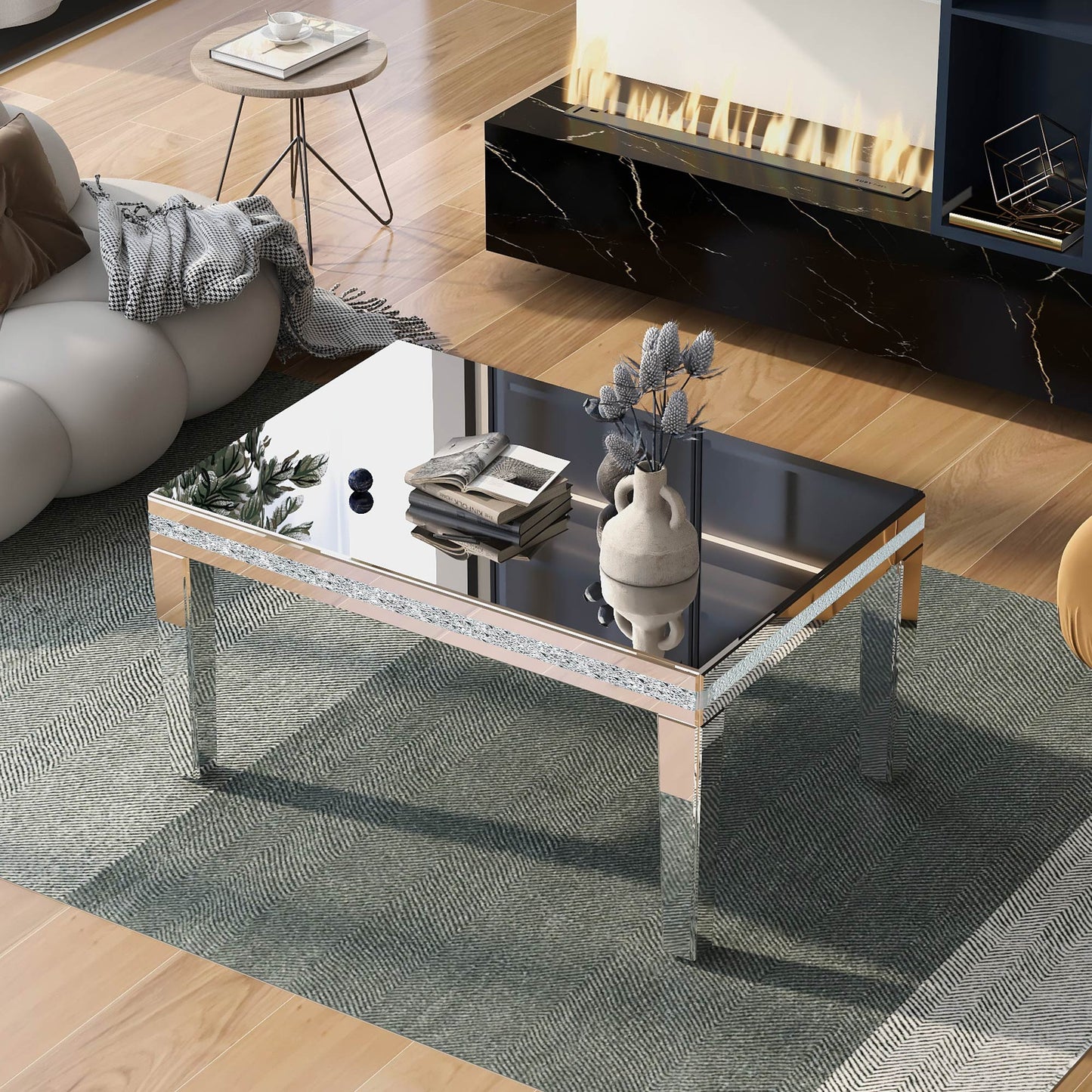 The ON-TRANS stylish modern glass mirrored coffee table features a crystal design and adjustable height legs in silver eprolo