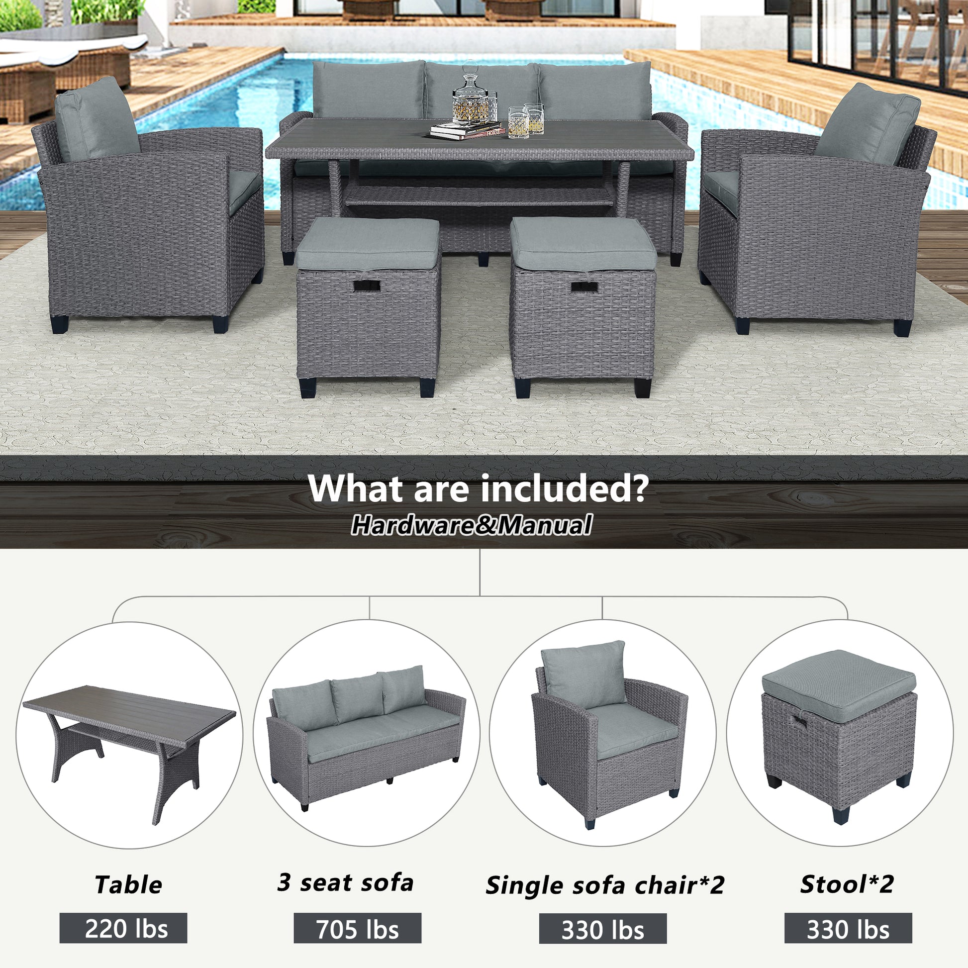 TOPMAX 6-piece outdoor rattan wicker set chair, stool, and table (gray rattan+gray mat) eprolo