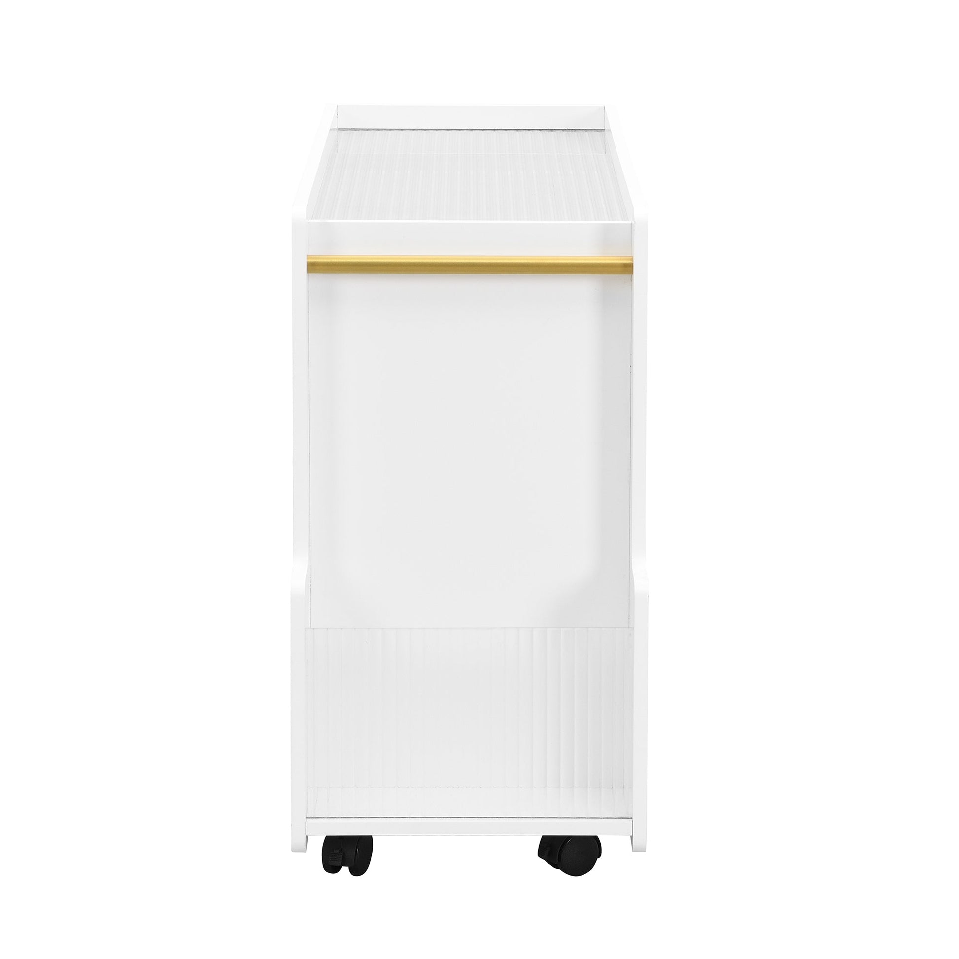 Stylish mobile desk with lockable wheels, white bedside table with 5mm thick grooved tempered glass and gold round bars eprolo