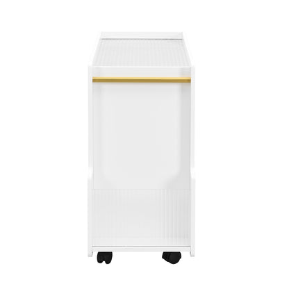 Stylish mobile desk with lockable wheels, white bedside table with 5mm thick grooved tempered glass and gold round bars eprolo