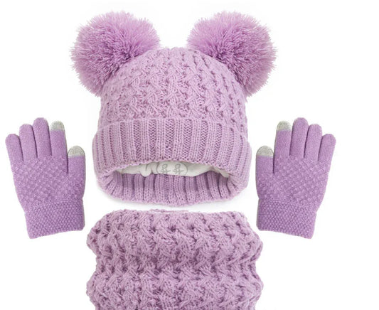 European and American children's hats, scarves, gloves, three piece set, autumn and winter plush and thickened double ball baby hats - Shello's Creative Boutique