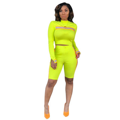 Side Stripe Reflective Set Sexy Two Piece Set Tracksuit Women Crop Top and Biker Shorts Club Outfits Neon Matching Sets eprolo