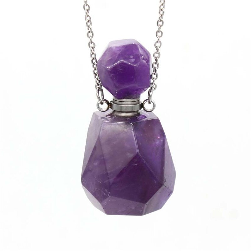 Natural Crystal Hexagonal Perfume Bottle Pendant Necklace  Fluorite Pendant Essential Oil Jar Chain Necklace Shello Creative Boutique