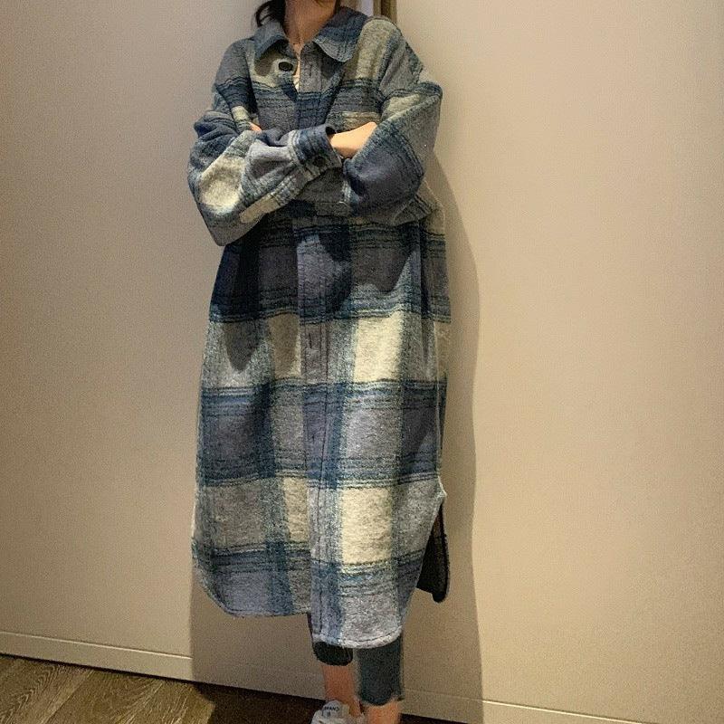 [EWQ]Plaid Single Tops Korean Outerwear Female Overcoat Fashion Spring Winter Women Loose Long Woolen Coats Kaschmir Mantel - Shello's Creative Boutique