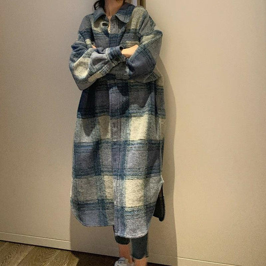 [EWQ]Plaid Single Tops Korean Outerwear Female Overcoat Fashion Spring Winter Women Loose Long Woolen Coats Kaschmir Mantel - Shello's Creative Boutique