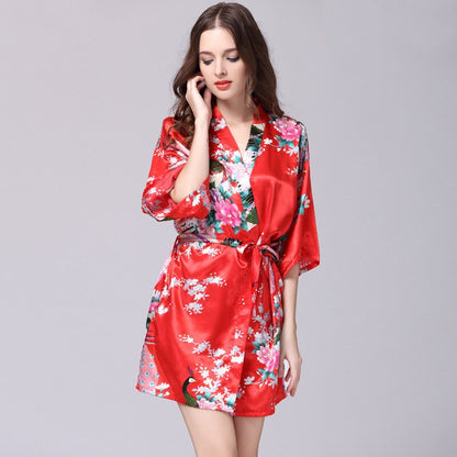 Women Faux Silk Robe Satin Wedding Bride Robe Large Size Sexy Floral Bathrobe Short Nightwear Women Pajamas Kimono eprolo
