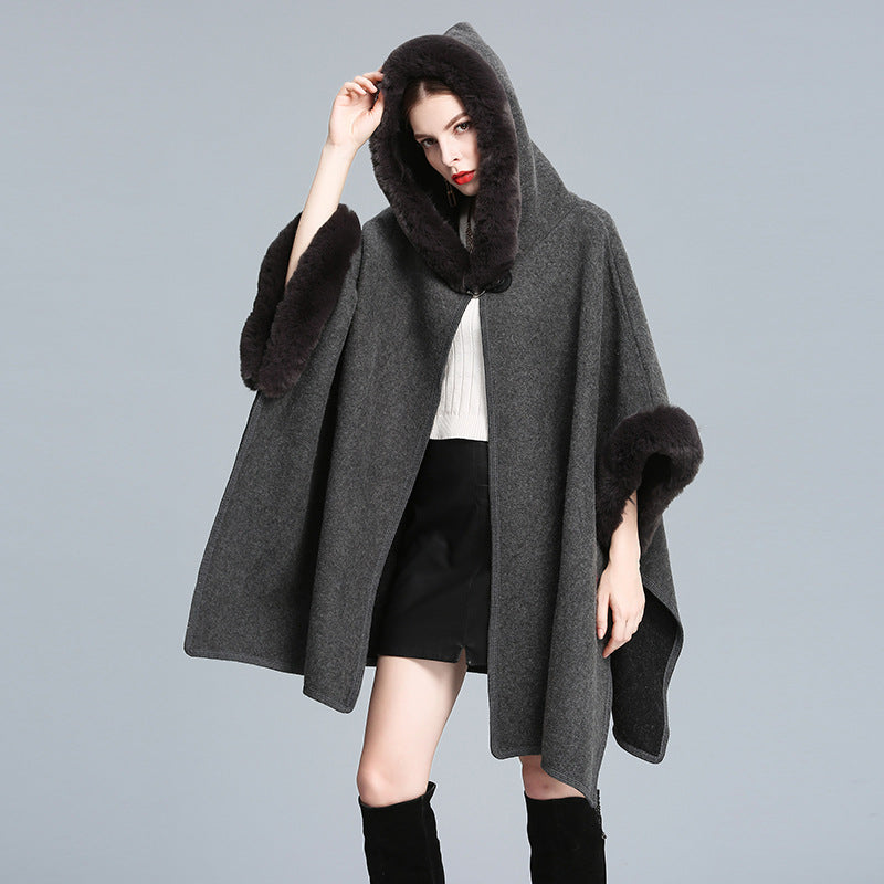 Imitation otter rabbit fur collar hooded shawl cape plus size woolen coat loose cardigan for women eprolo