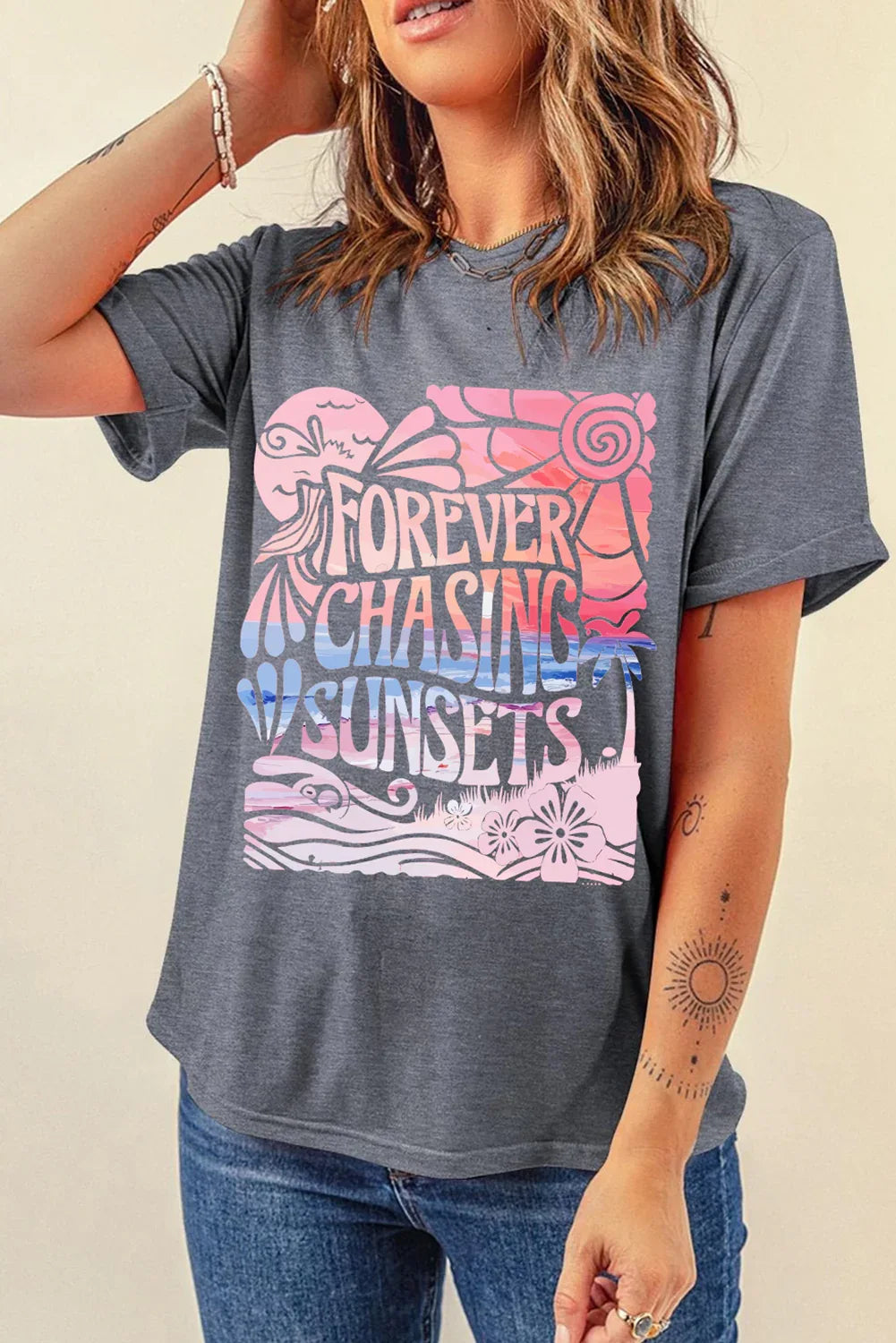 Gray FOREVER CHASING SUNSETS Graphic Summer T Shirt - Shello's Creative Boutique