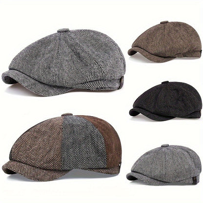 Men&Apos;S Retro Herringbone Flat Cap - Black Casual Beret with Vintage Style, Knitted Polyester, Perfect for Valentine&Apos;S Day, Everyday Headwear | Vintage Flat Cap | Knitted Texture Shello's Creative Boutique