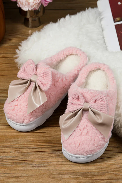 White Contrast Bowknot Applique Plush Winter Slippers - Shello's Creative Boutique